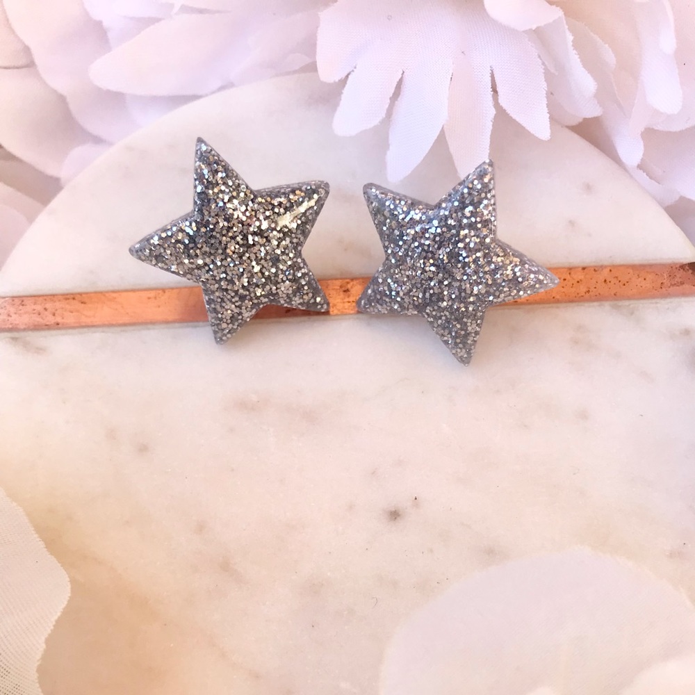 Silver Glitter Star Stud Earrings NWT
